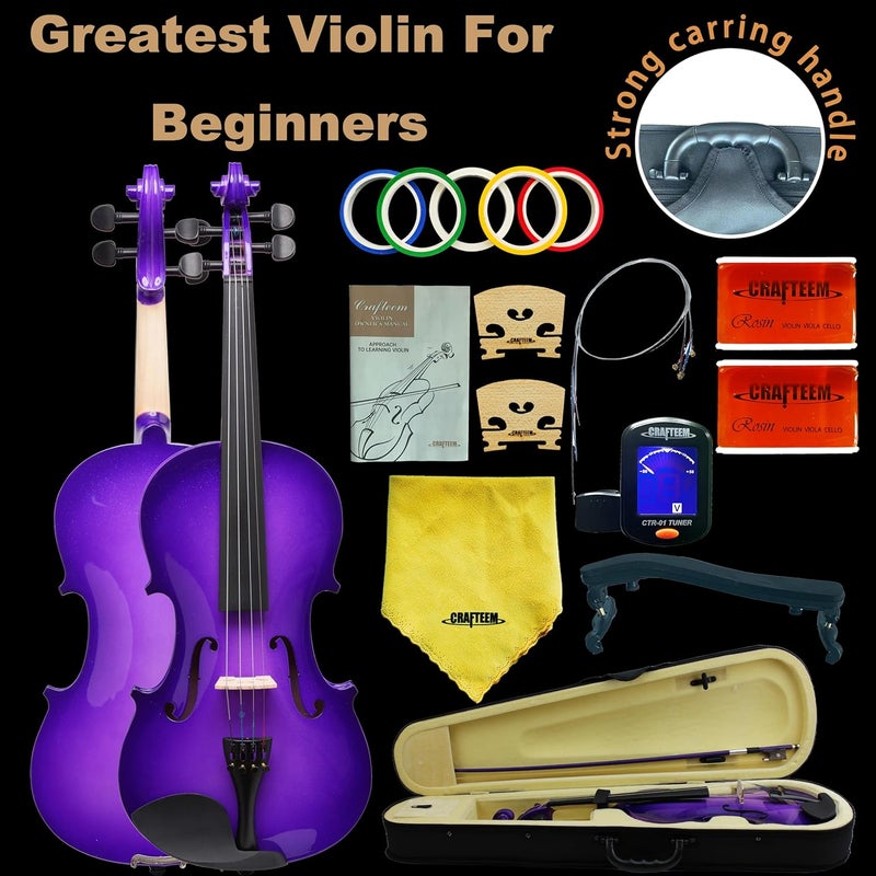 CRAFTEEM 1/2 Fiddle Purple Colored Premium Violin Outfit for Beginners Adults Kids With 5 Color Fingering Tape- Handcrafted Student Beginner Violin. (Purple, 1/2) - Image 4